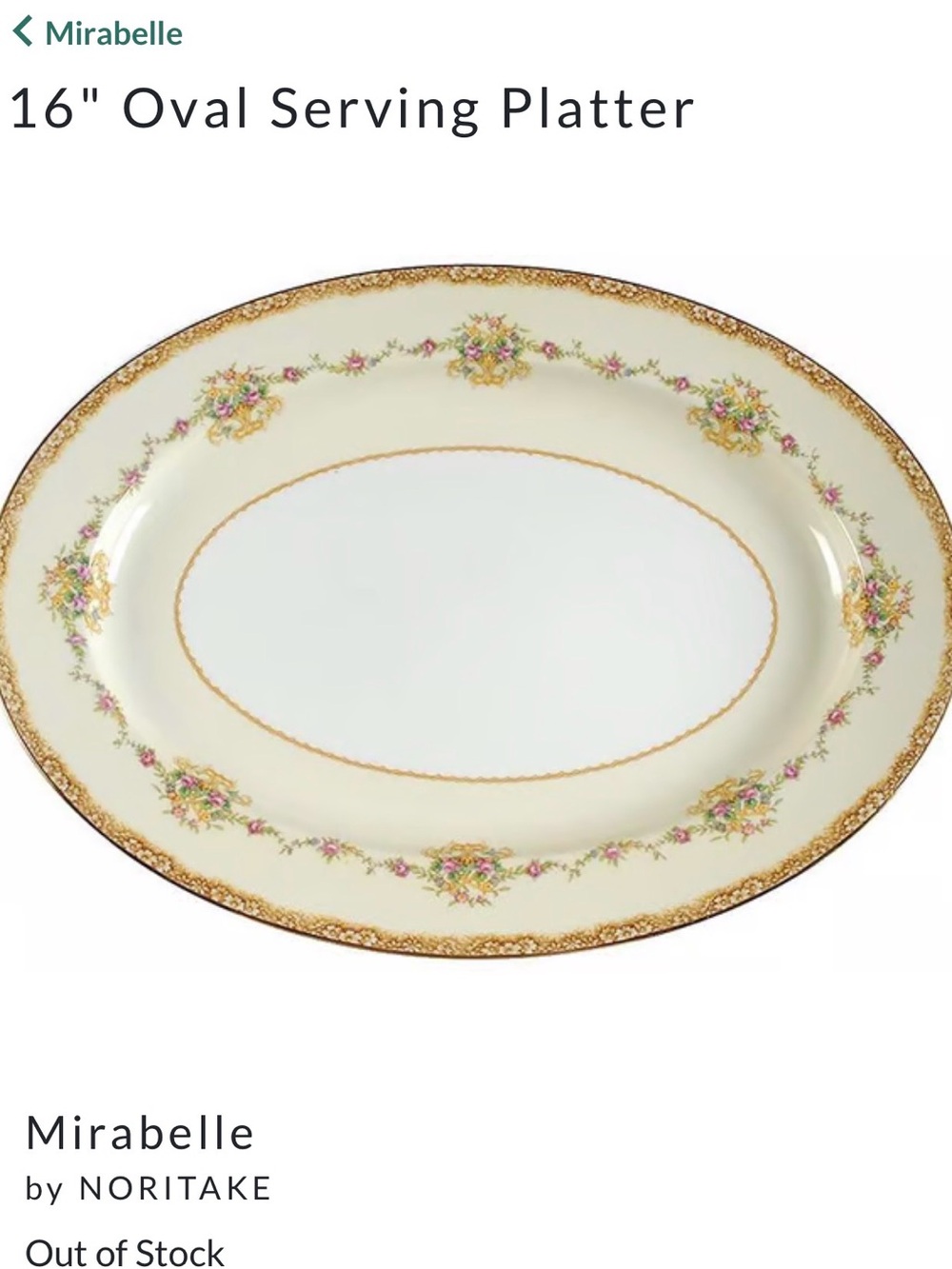 Noritake Ireland Mirabelle 3843 Large Platter Floral Clusters with Gold Trim